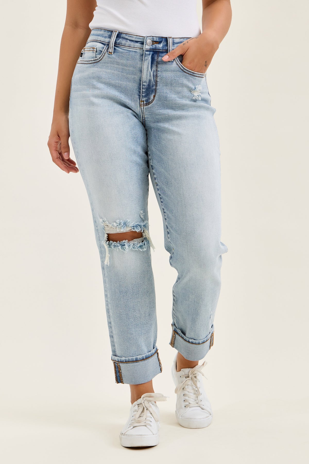 Judy Blue Mid Rise Light Wash Destroyed with Bandana Loop