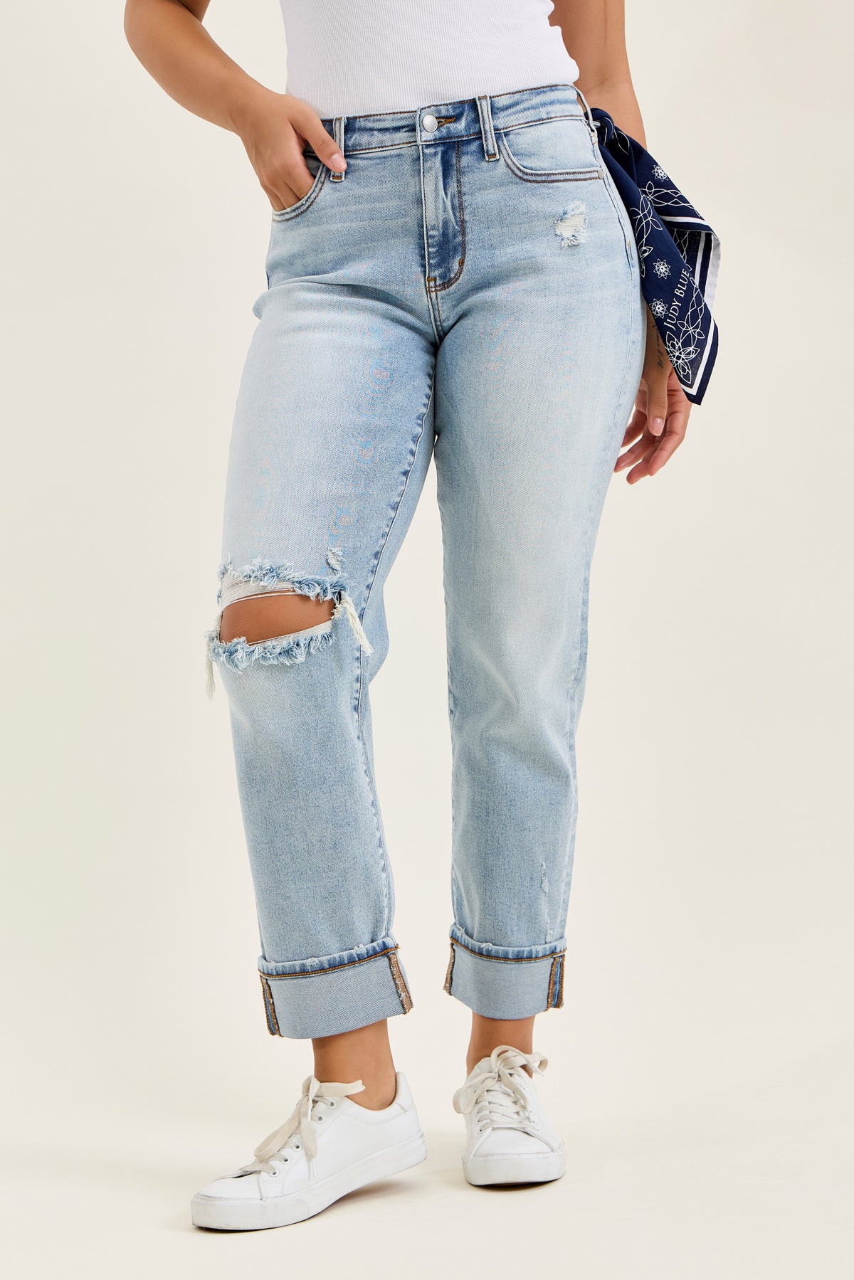 Judy Blue Mid Rise Light Wash Destroyed with Bandana Loop