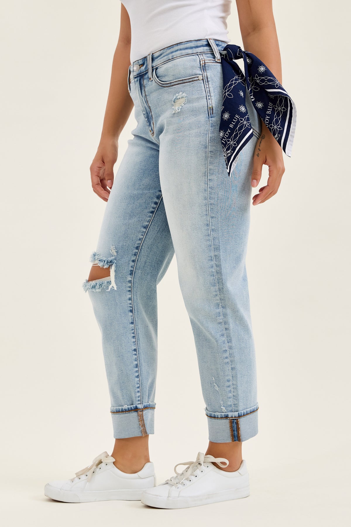 Judy Blue Mid Rise Light Wash Destroyed with Bandana Loop