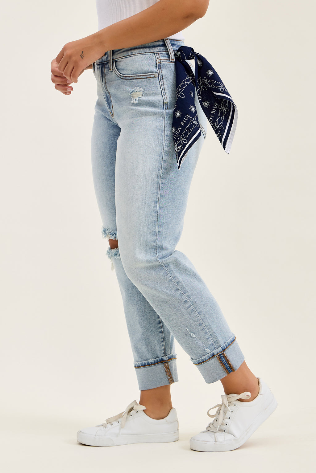 Judy Blue Mid Rise Light Wash Destroyed with Bandana Loop