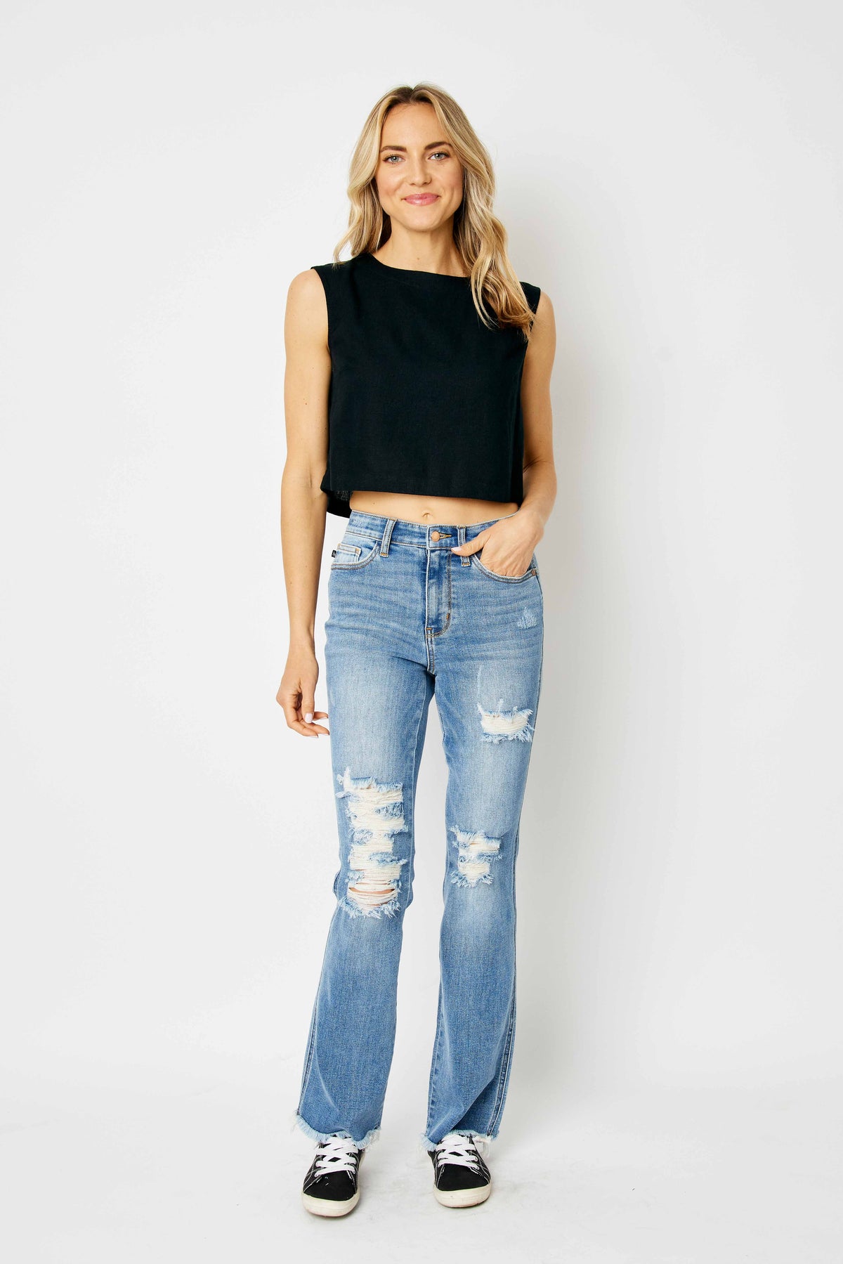 Judy Blue Medium Wash High Waist Destroy Fray Hem Bootcut