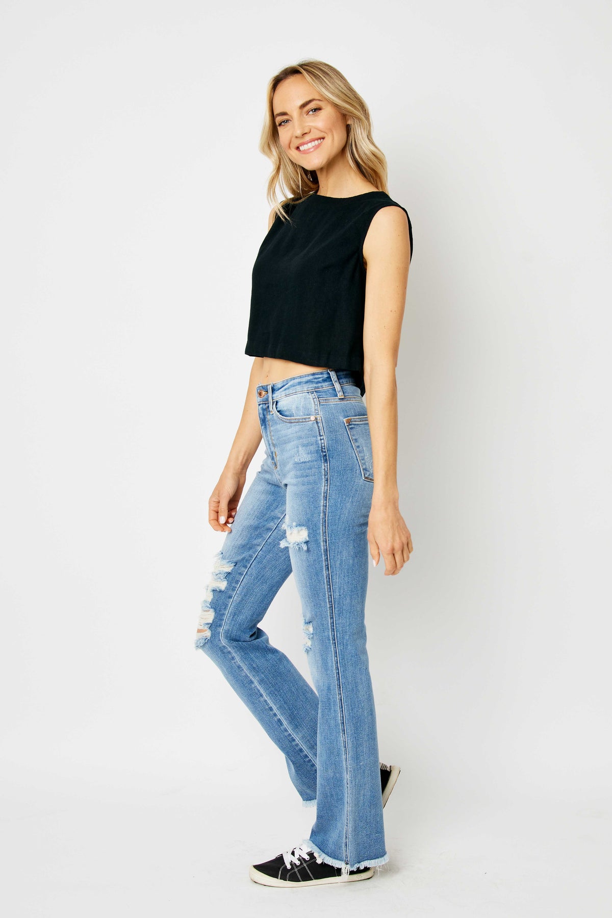 Judy Blue Medium Wash High Waist Destroy Fray Hem Bootcut