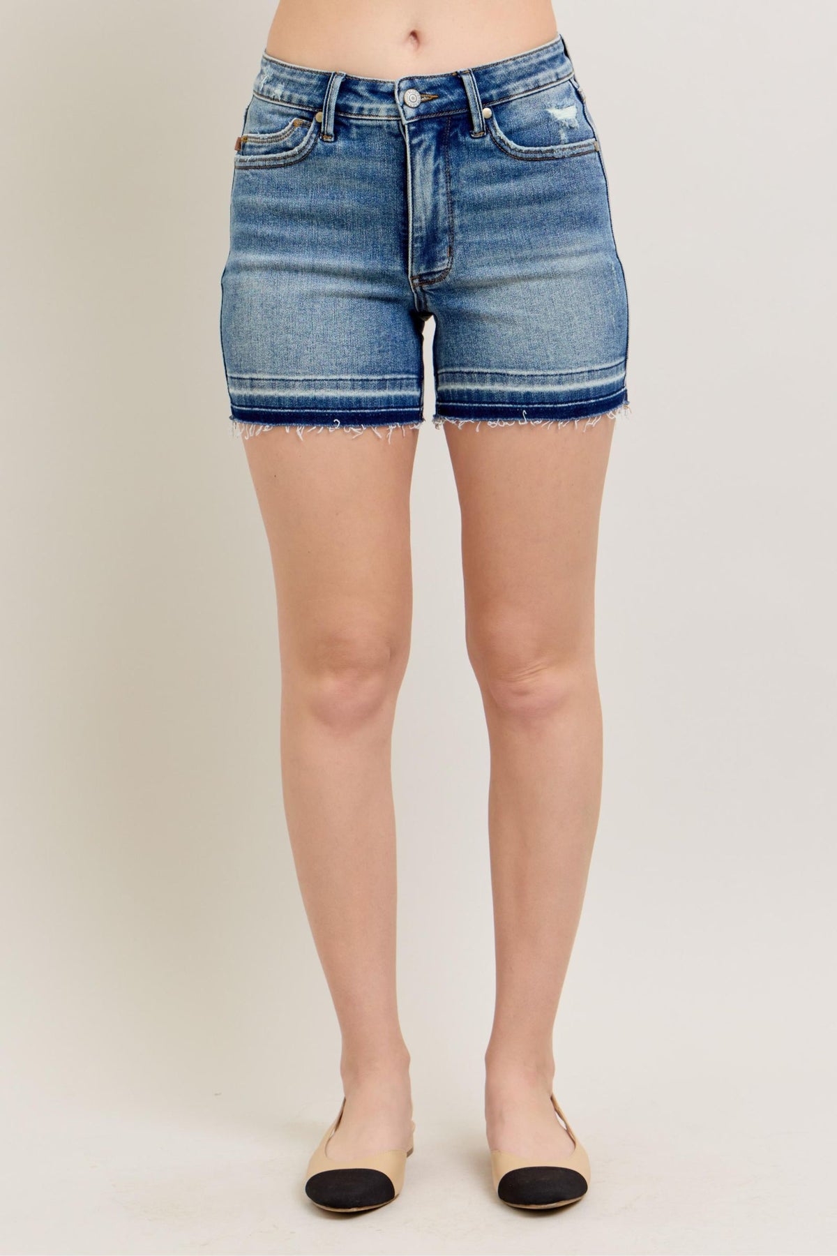 Judy Blue Mid Rise Tummy Control Vintage Wash Release Hem Shorts