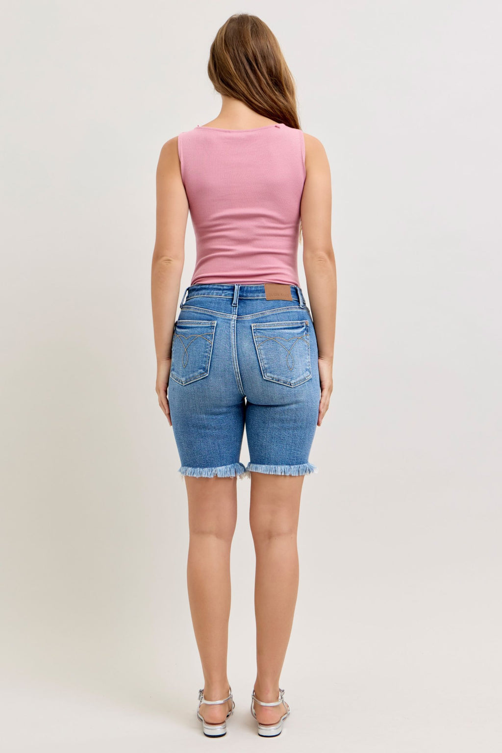Judy Blue High Waist Medium Wash Bermuda Shorts for Women – Frayed Hem, Stretch Denim, Casual Summer Fit
