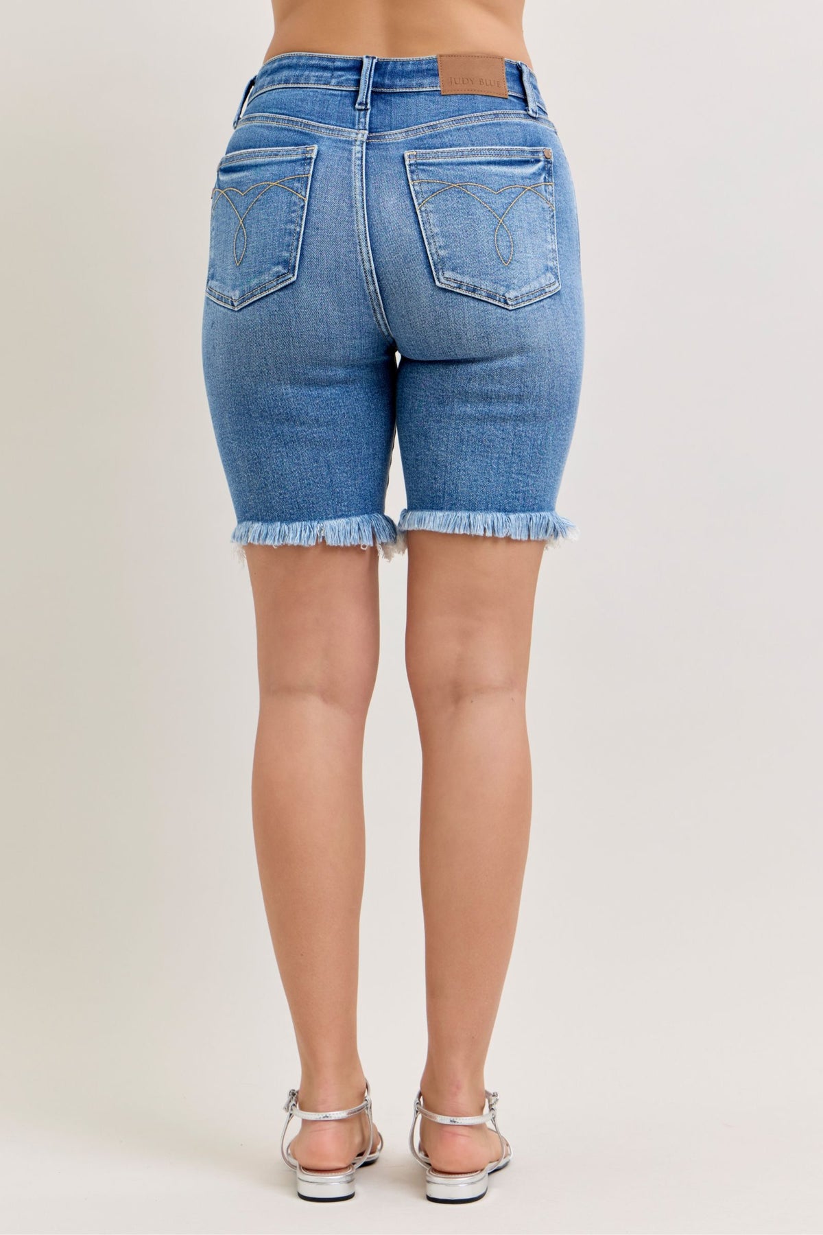 Judy Blue High Waist Medium Wash Bermuda Shorts for Women – Frayed Hem, Stretch Denim, Casual Summer Fit