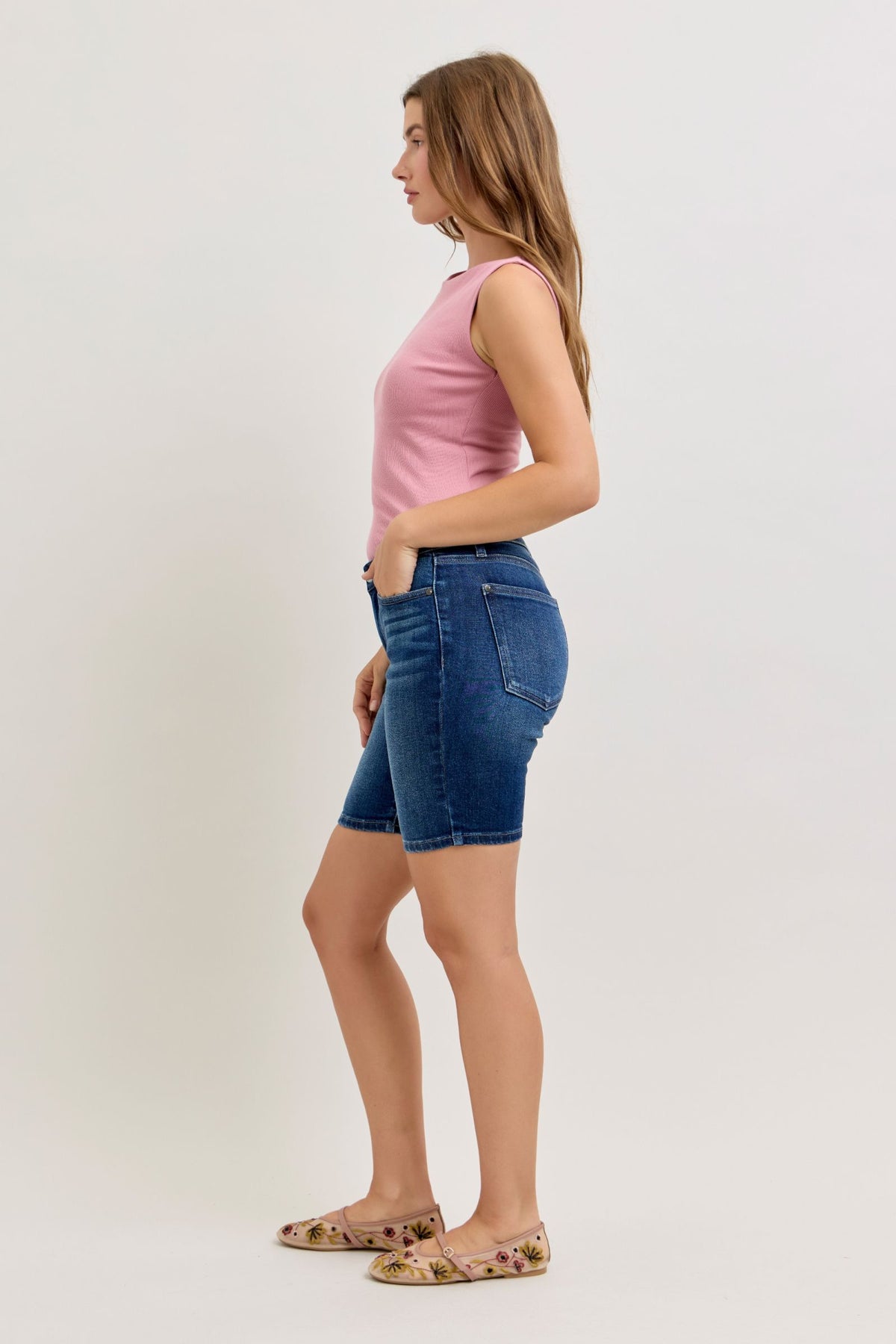 Judy Blue Mid Rise Dark Wash Bermuda Shorts