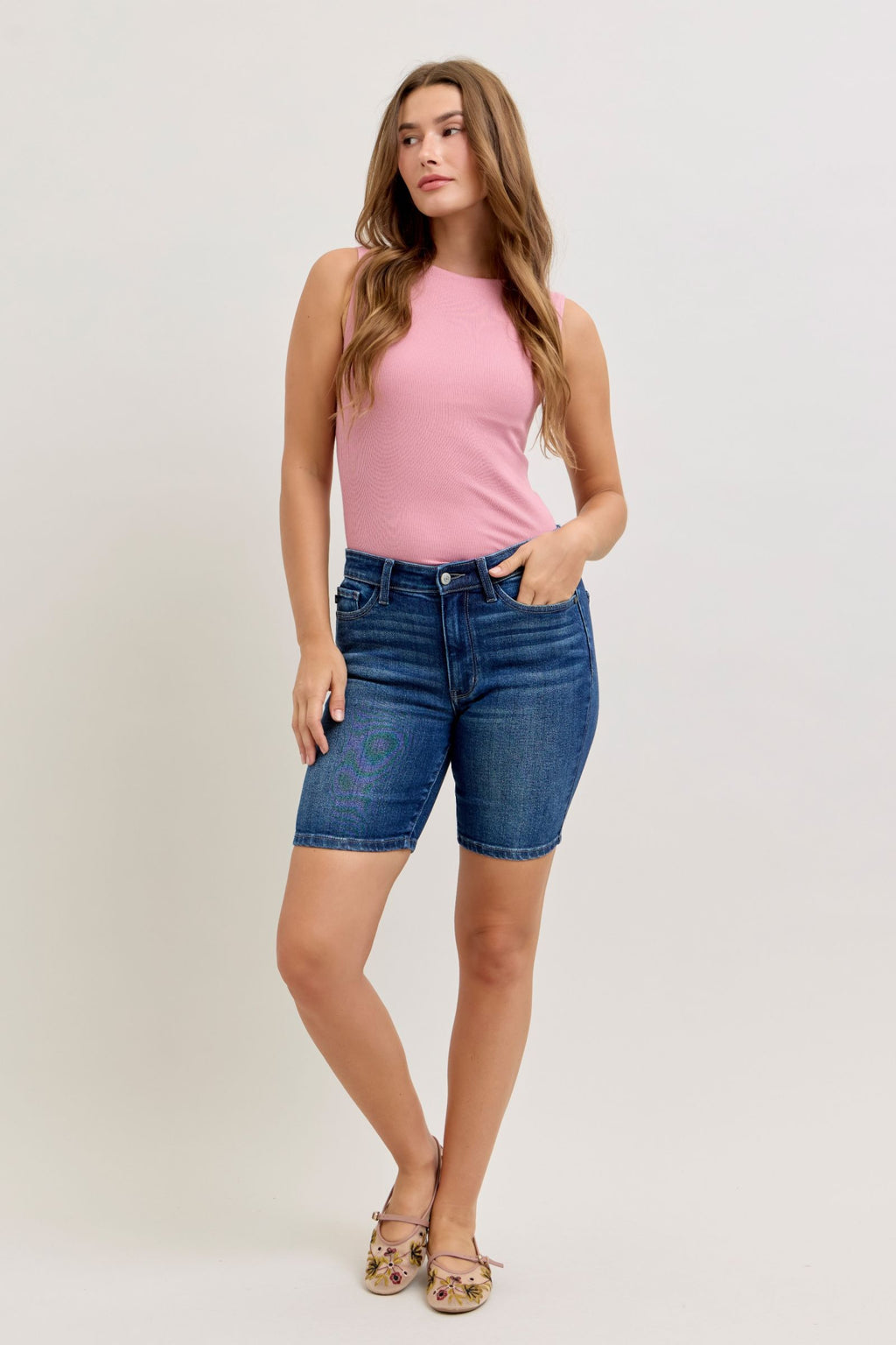 Judy Blue Mid Rise Dark Wash Bermuda Shorts
