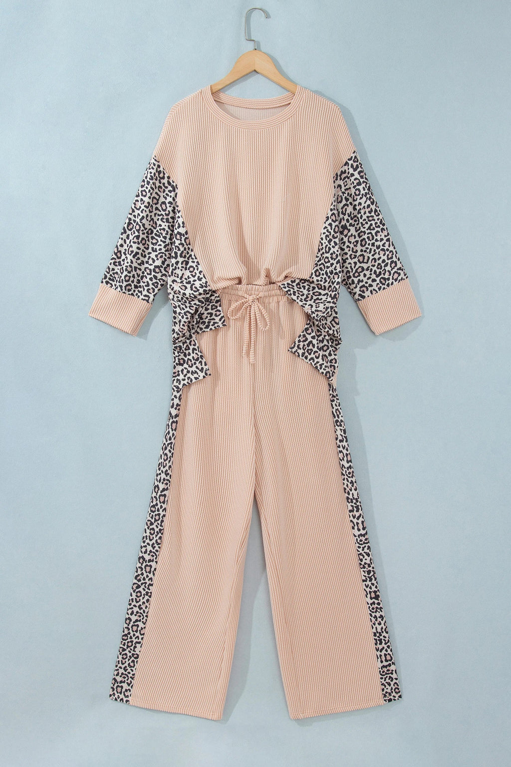 Leopard Patchwork Corded Knit Top & Pants Set