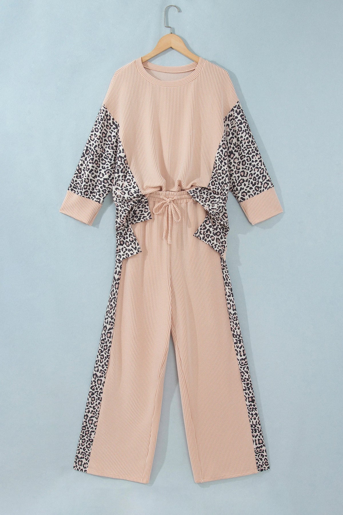 Leopard Patchwork Corded Knit Top & Pants Set