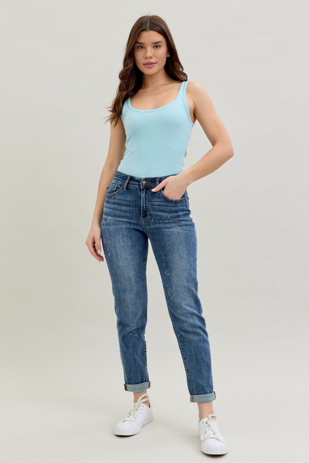 Judy Blue High Waist Dark Wash Destroyed Bleach Splatter Boyfriend