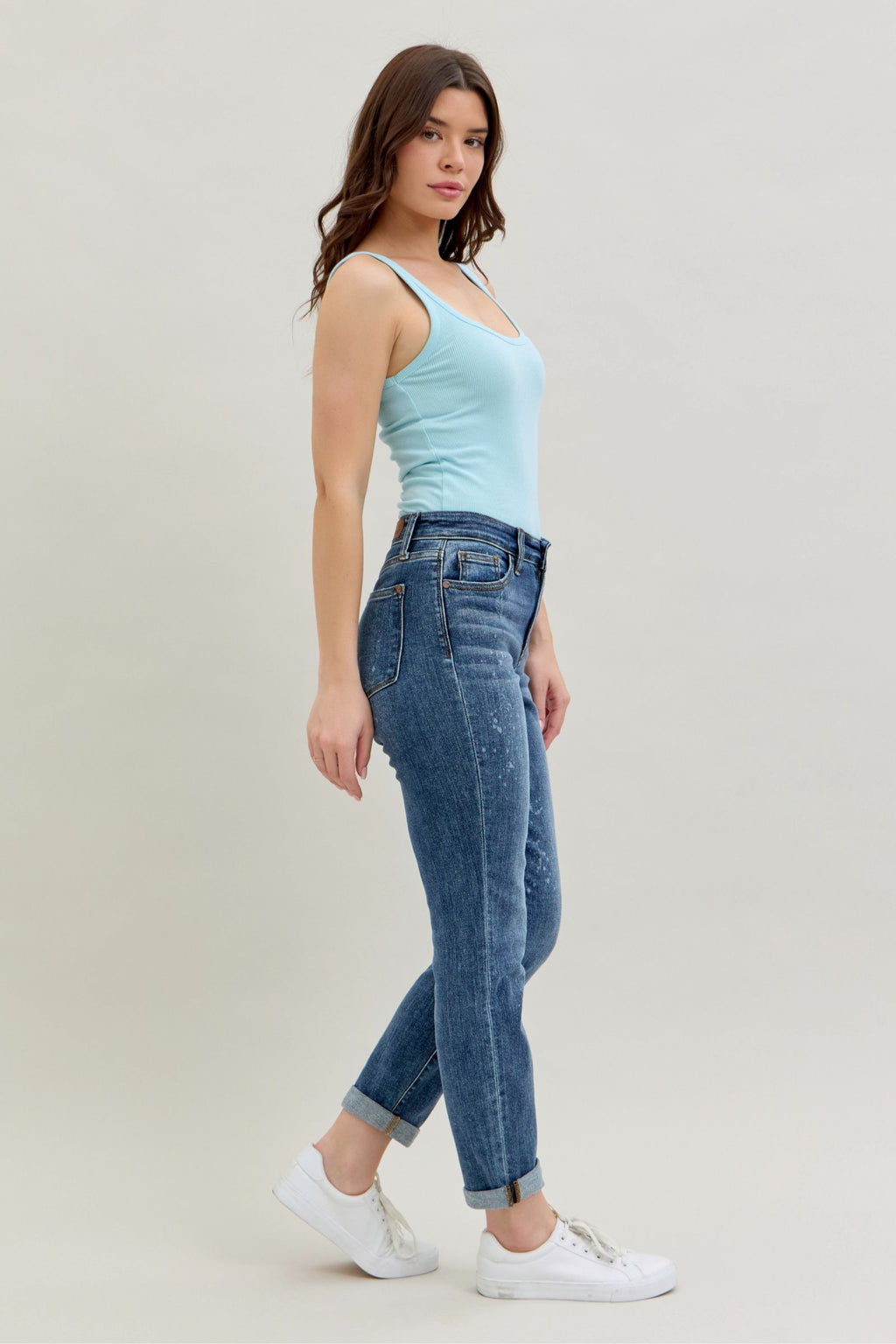 Judy Blue High Waist Dark Wash Destroyed Bleach Splatter Boyfriend