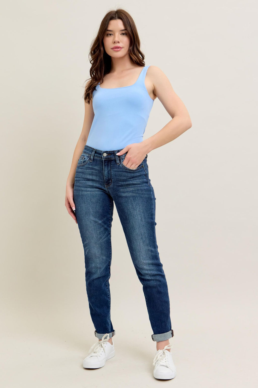Judy Blue Classic Mid Rise Medium Wash Cuffed Slim Fit Jeans