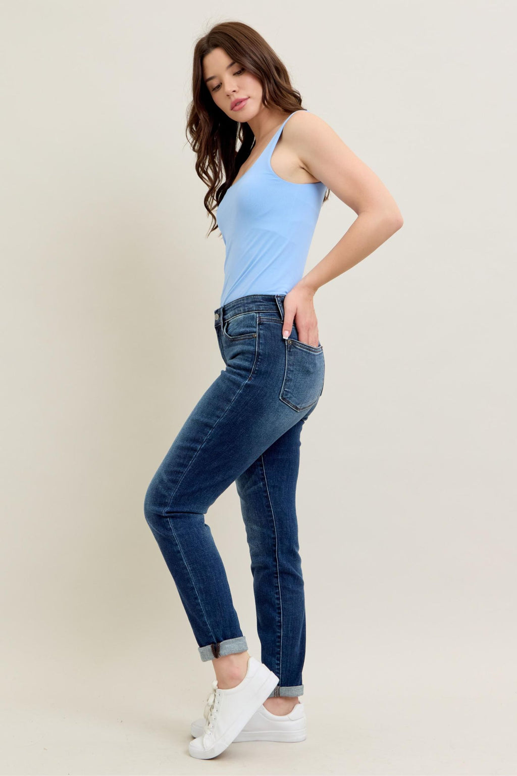 Judy Blue Classic Mid Rise Medium Wash Cuffed Slim Fit Jeans