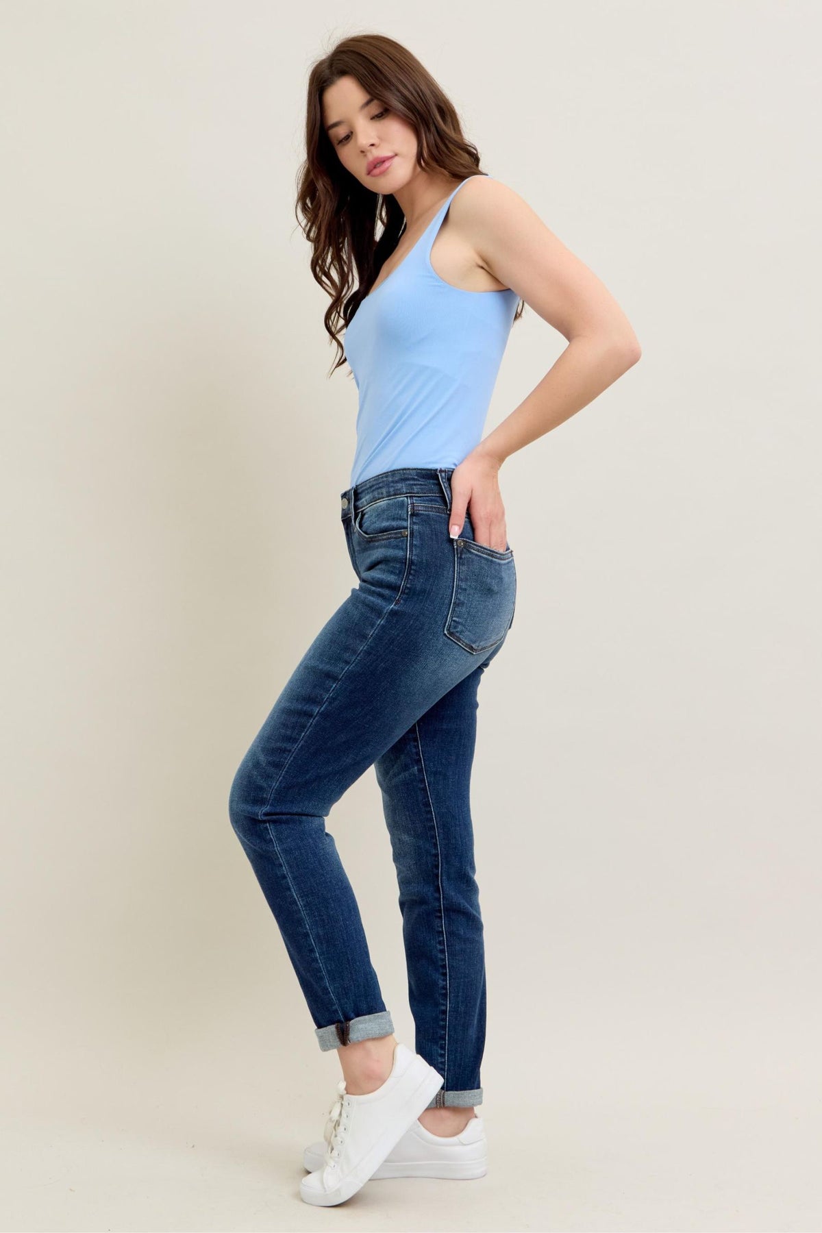 Judy Blue Classic Mid Rise Medium Wash Cuffed Slim Fit Jeans