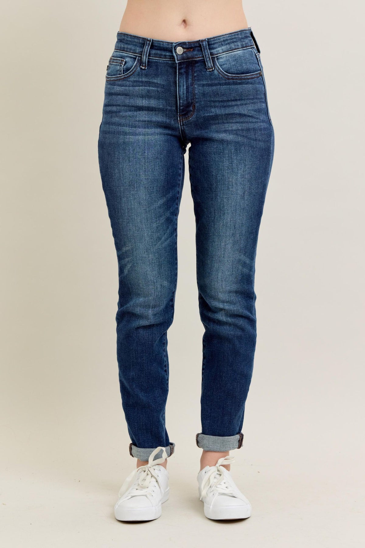 Judy Blue Classic Mid Rise Medium Wash Cuffed Slim Fit Jeans