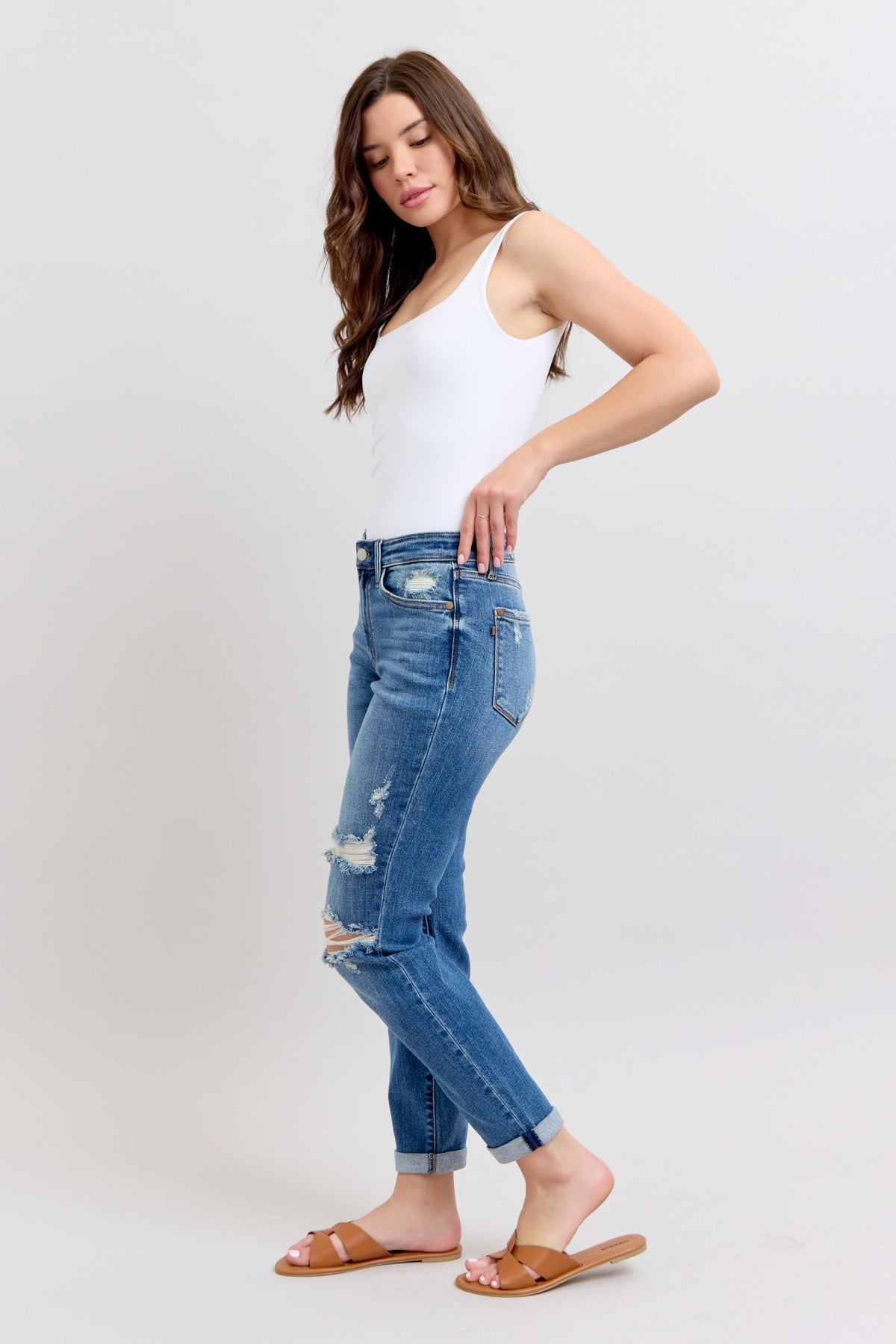 Judy Blue Mid Rise Vintage Wash Destroy Boyfriend Jeans