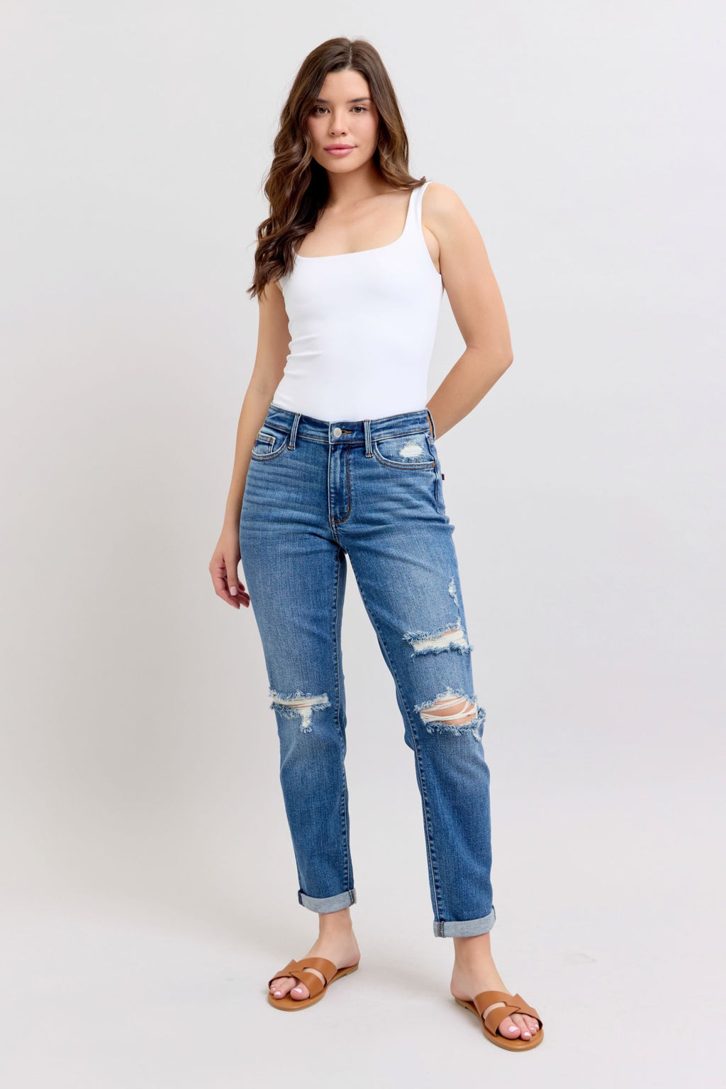 Judy Blue Mid Rise Vintage Wash Destroy Boyfriend Jeans