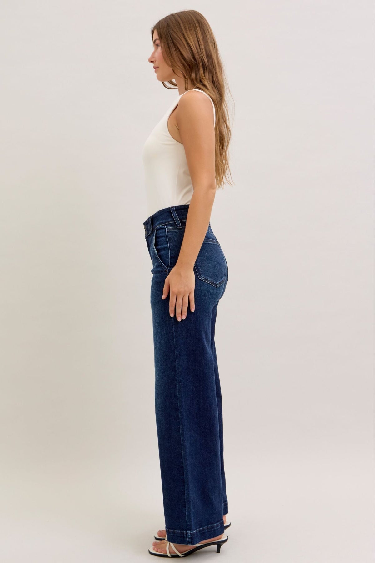Judy Blue High Waist Dark Wash Wide Leg Trouser Jeans, Short Inseam 31"