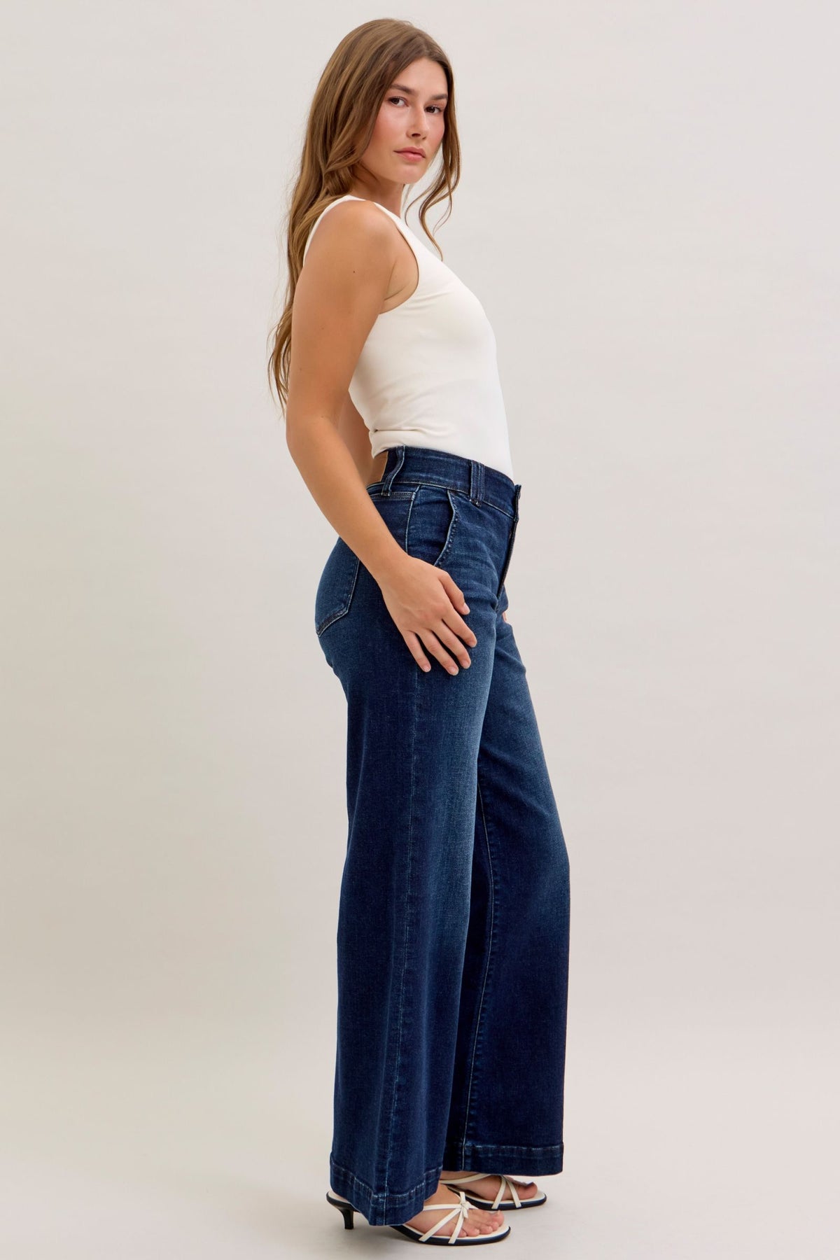 Judy Blue High Waist Dark Wash Wide Leg Trouser Jeans, Short Inseam 31"