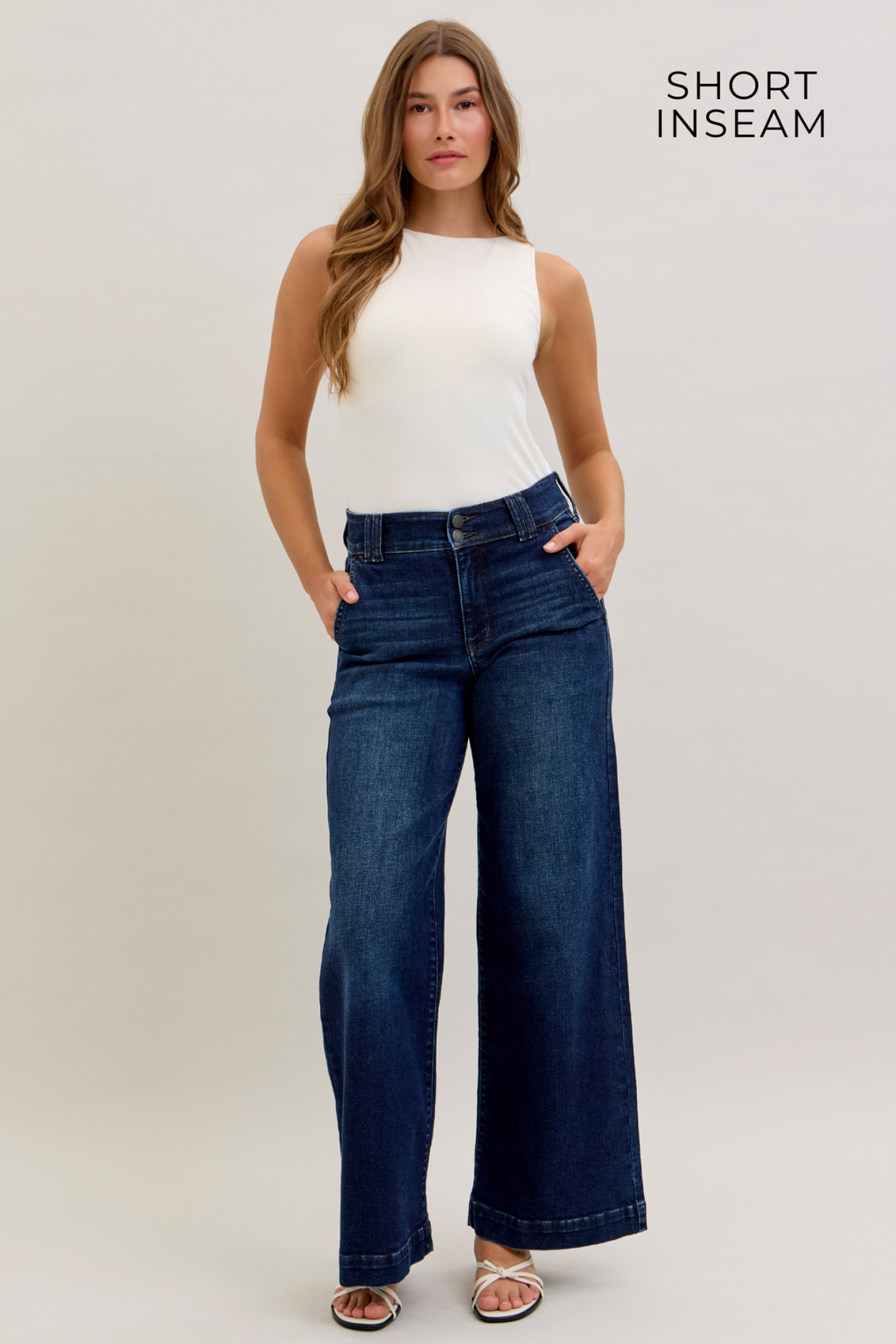 Judy Blue High Waist Dark Wash Wide Leg Trouser Jeans, Short Inseam 31"
