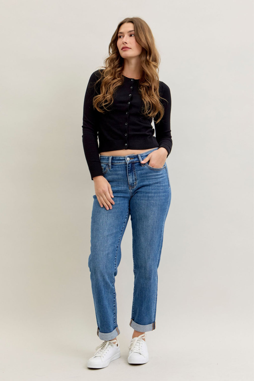 Judy Blue Classic Mid Rise Embroidered Cuffed Boyfriend