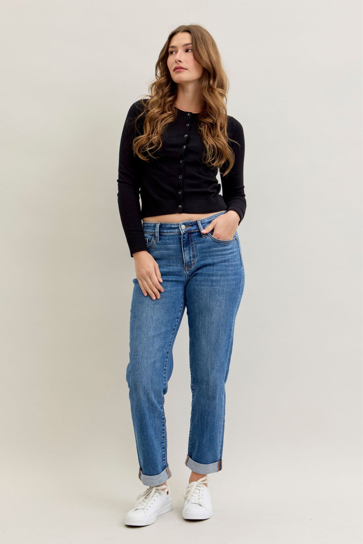 Judy Blue Classic Mid Rise Embroidered Cuffed Boyfriend