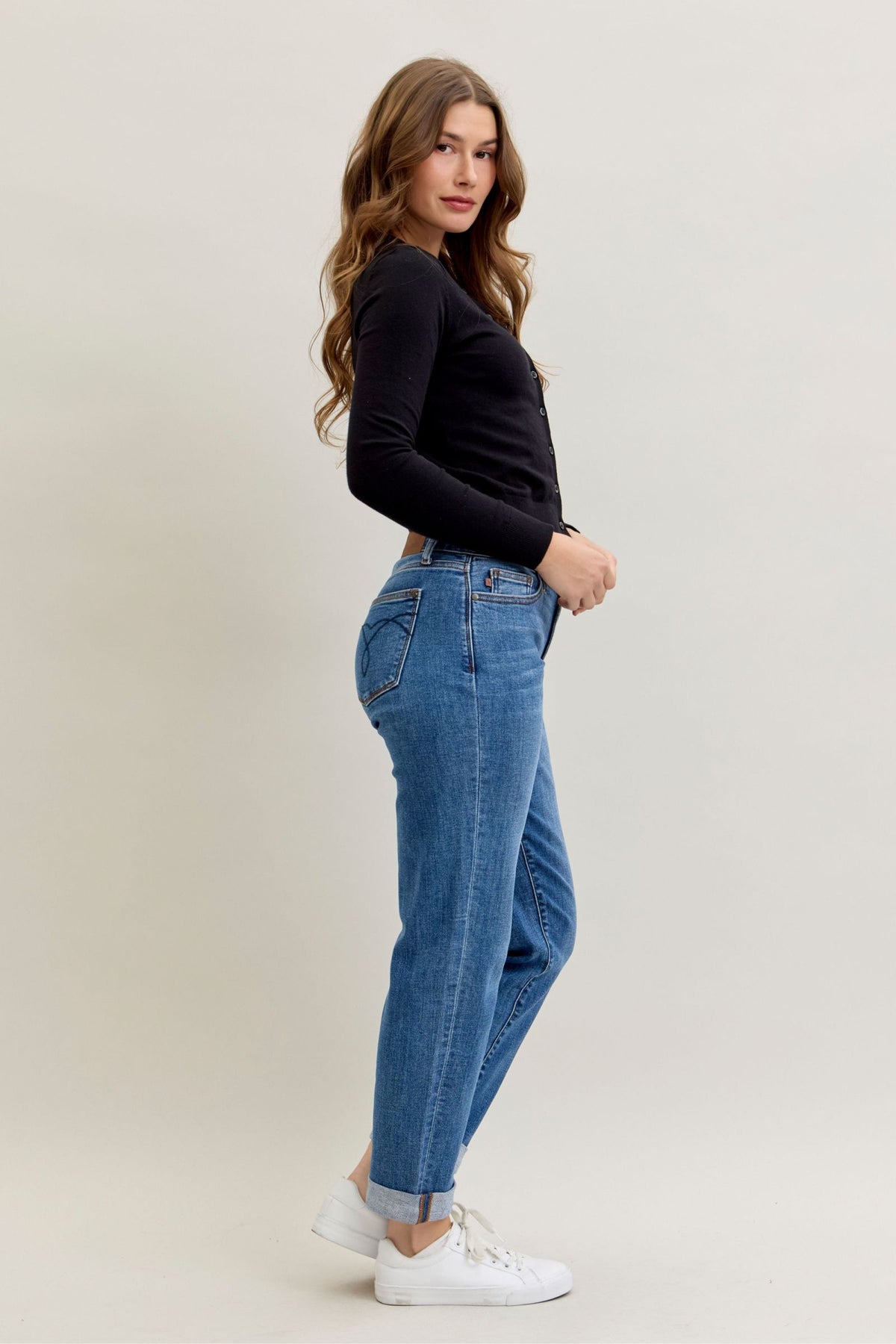 Judy Blue Classic Mid Rise Embroidered Cuffed Boyfriend