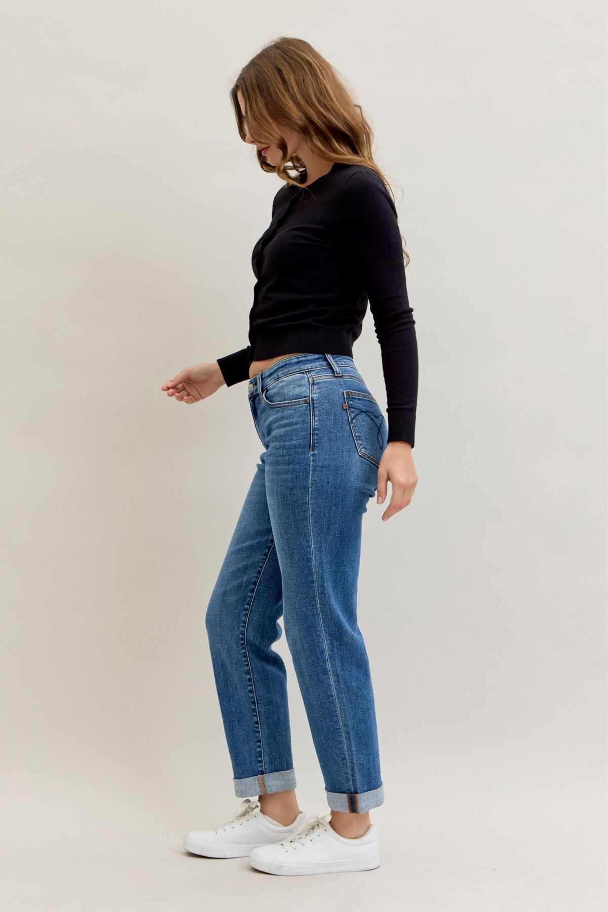 Judy Blue Classic Mid Rise Embroidered Cuffed Boyfriend