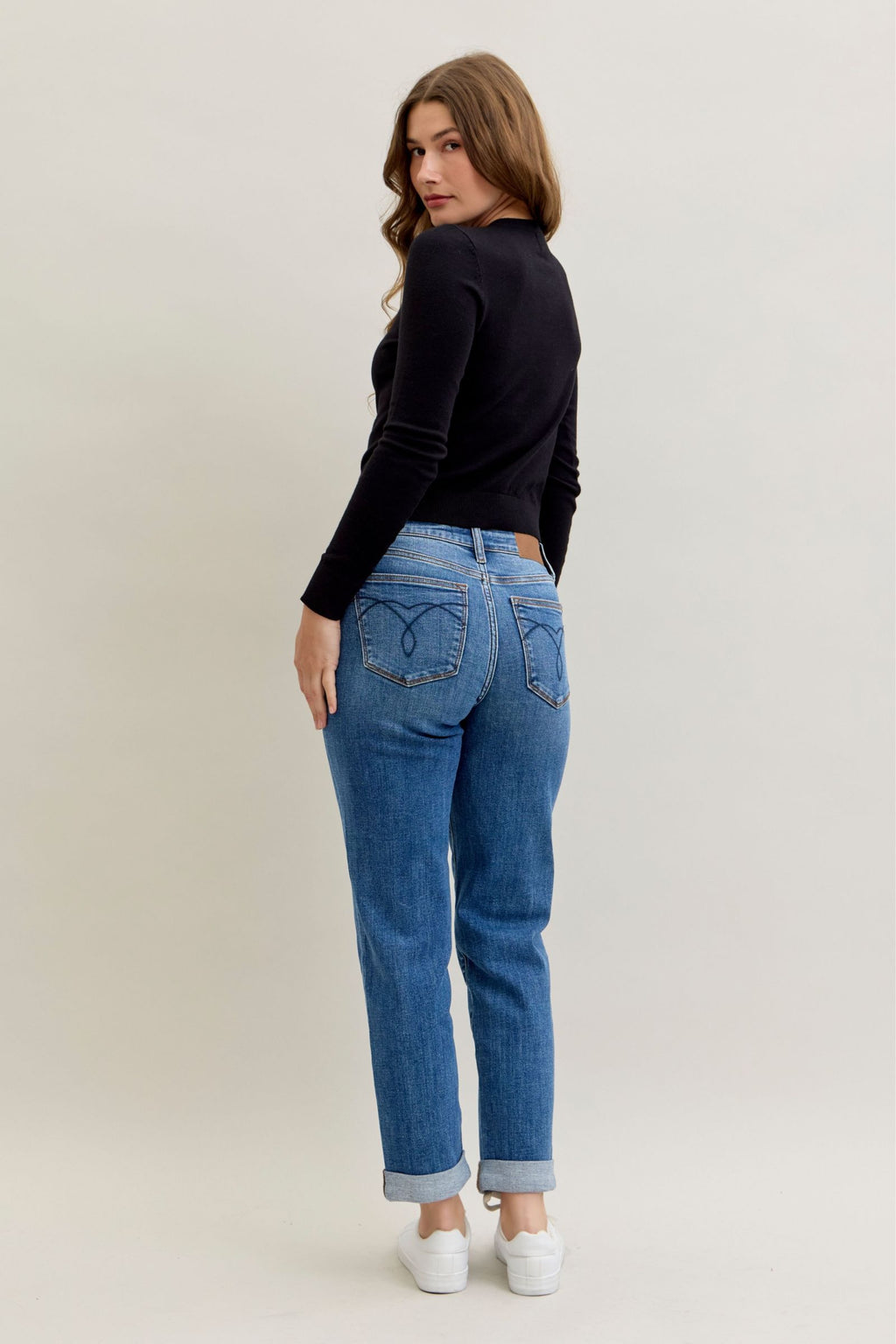 Judy Blue Classic Mid Rise Embroidered Cuffed Boyfriend