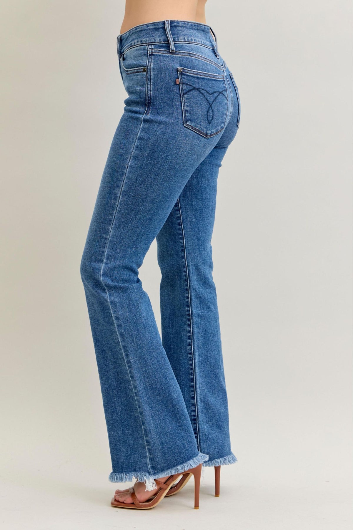 Judy Blue High Waist Double Button Fray Hem Bootcut, Inseam 32"