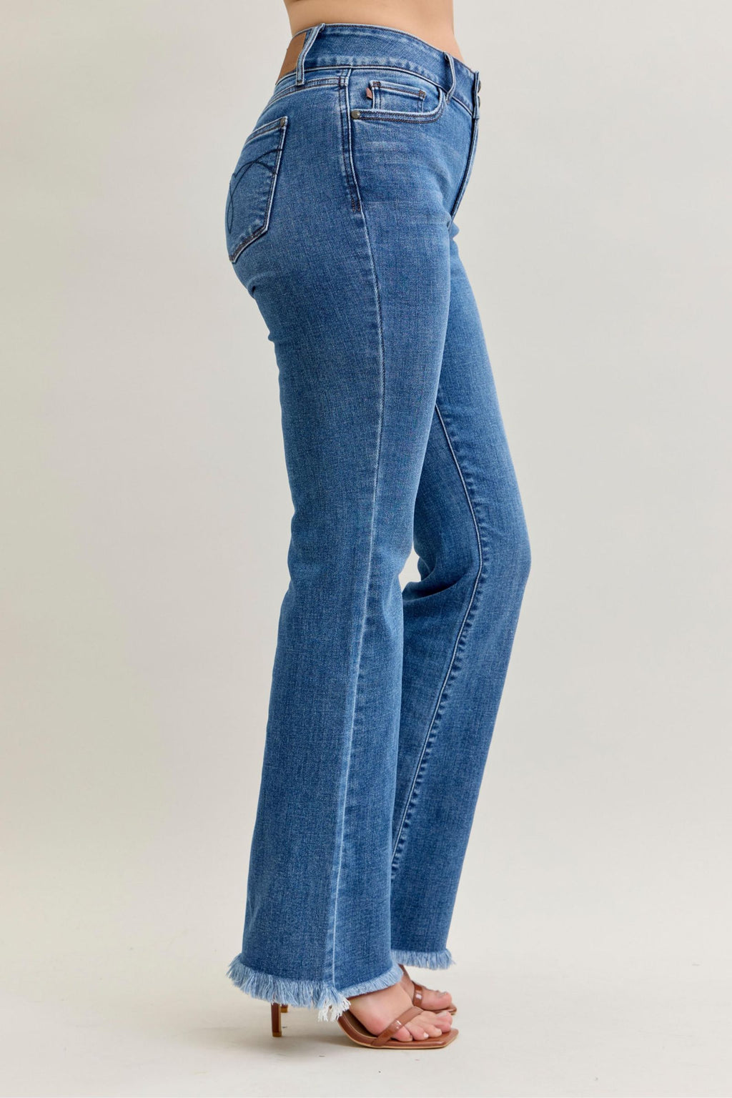 Judy Blue High Waist Double Button Fray Hem Bootcut, Inseam 32"
