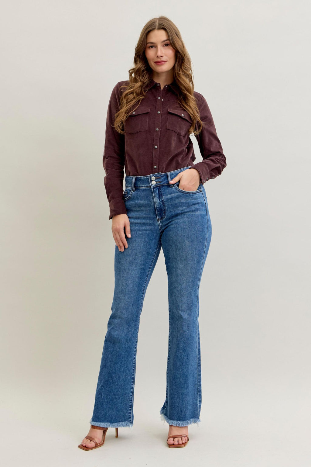 Judy Blue High Waist Double Button Fray Hem Bootcut, Inseam 32"
