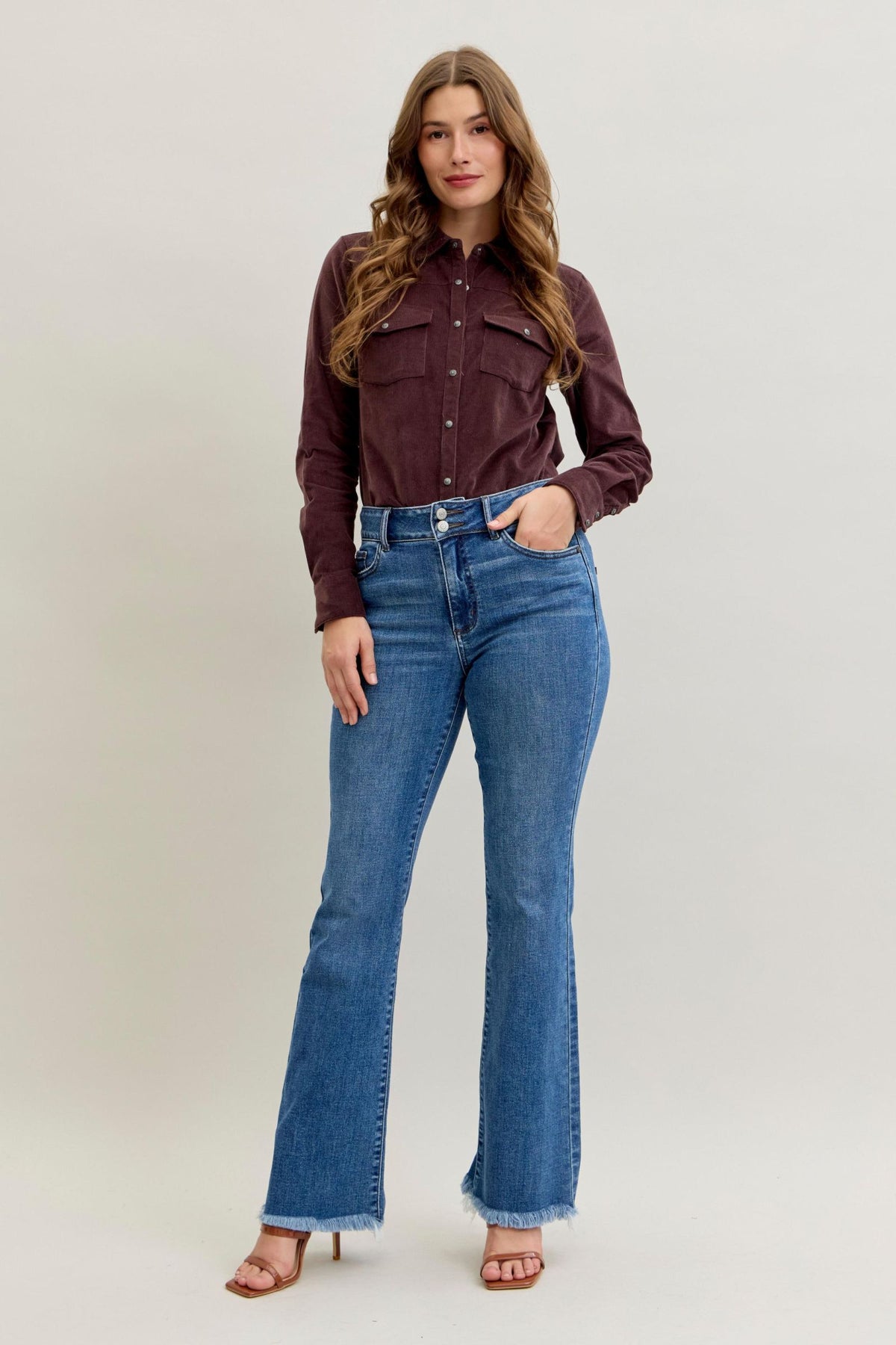Judy Blue High Waist Double Button Fray Hem Bootcut, Inseam 32"