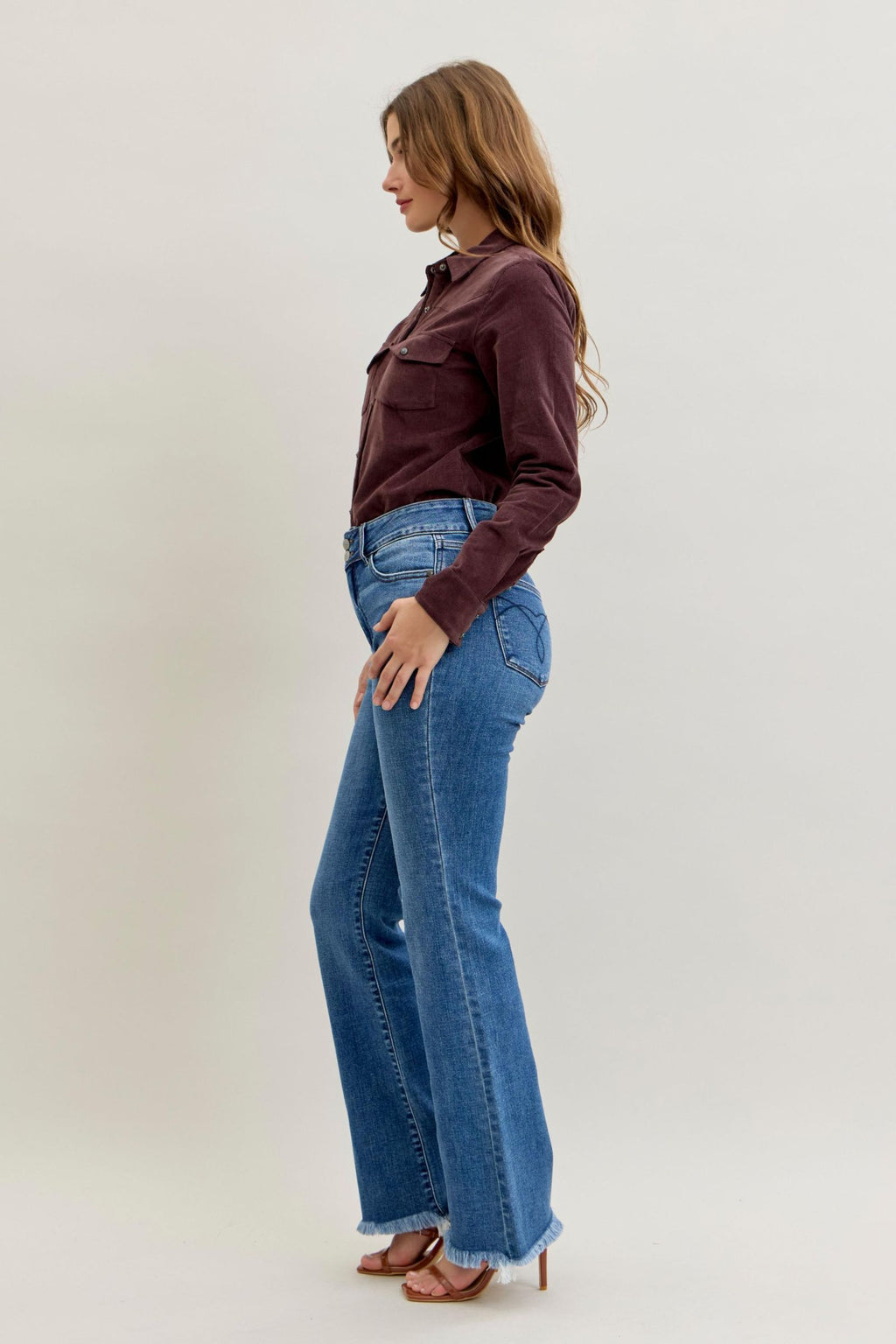 Judy Blue High Waist Double Button Fray Hem Bootcut, Inseam 32"