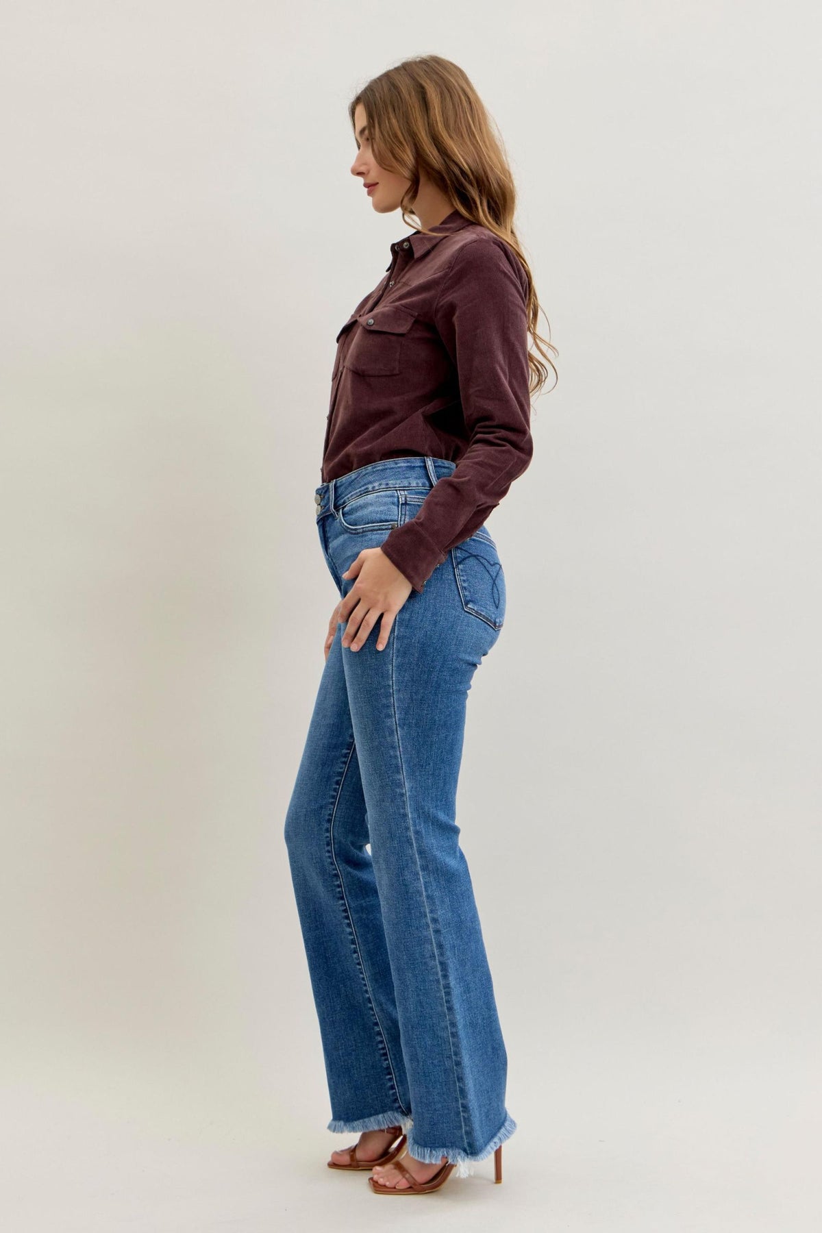 Judy Blue High Waist Double Button Fray Hem Bootcut, Inseam 32"