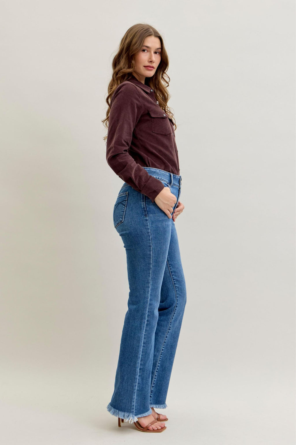 Judy Blue High Waist Double Button Fray Hem Bootcut, Inseam 32"