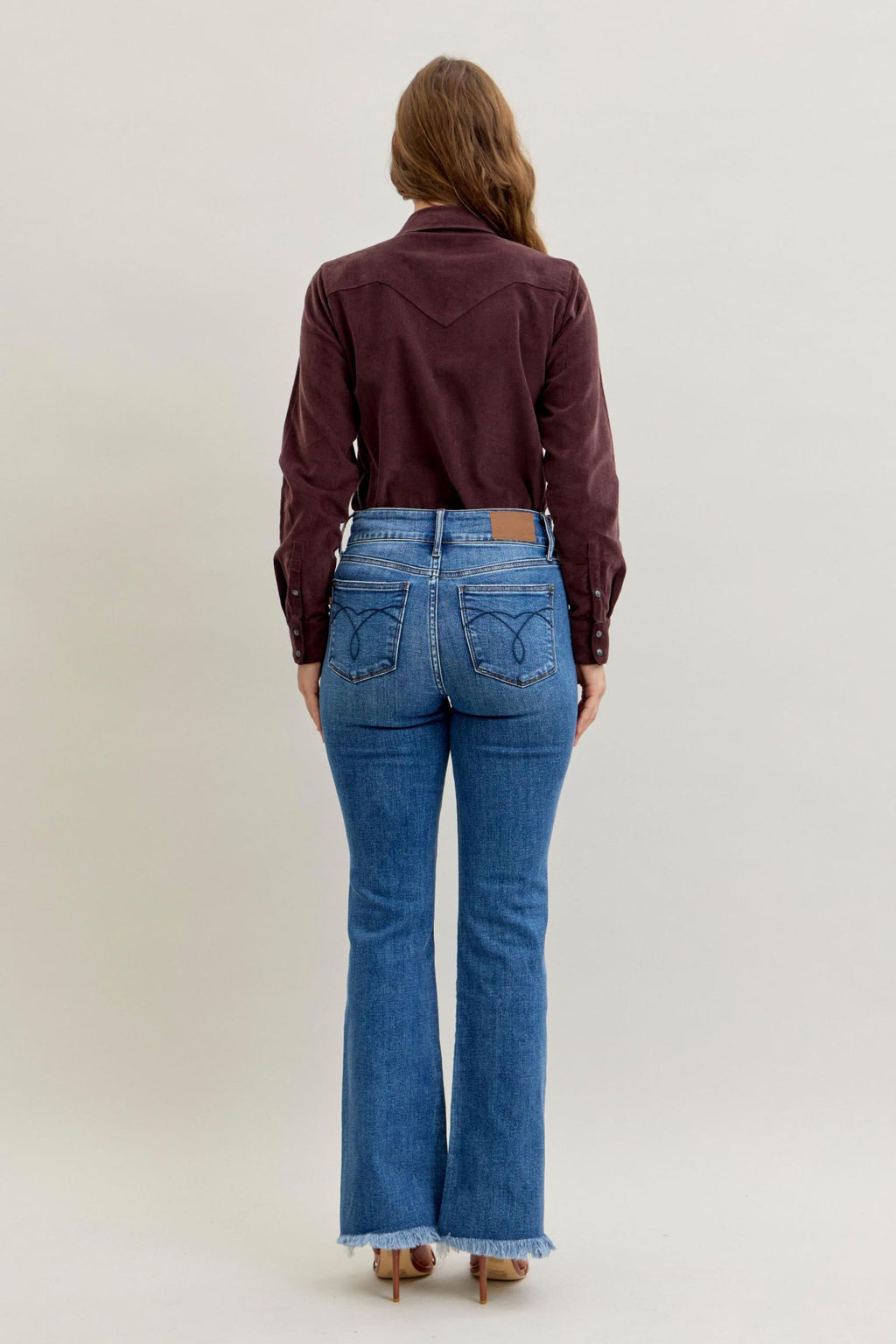 Judy Blue High Waist Double Button Fray Hem Bootcut, Inseam 32"