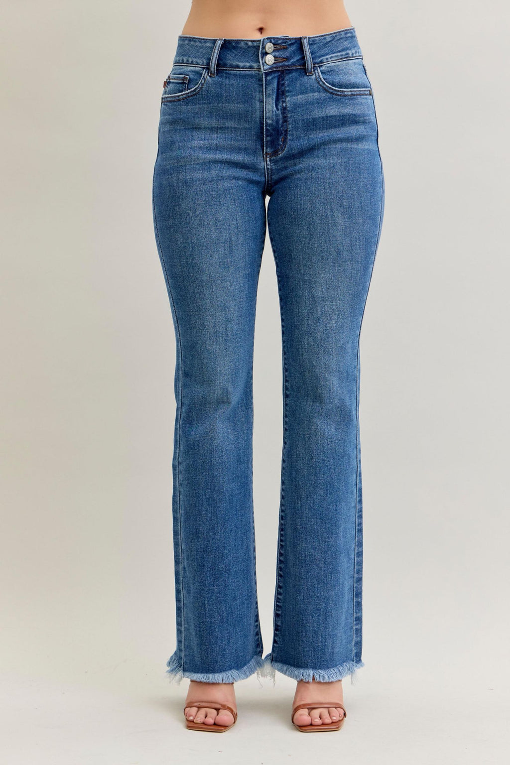 Judy Blue High Waist Double Button Fray Hem Bootcut, Inseam 32"