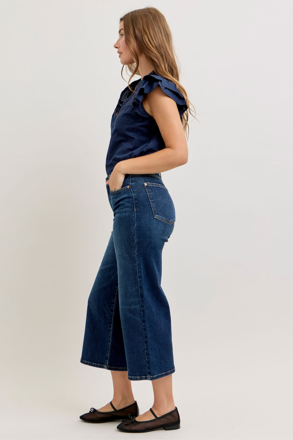 Judy Blue High Waist Dark Wash Ankle Wide Stretch Denim Jeans, 28" Inseam