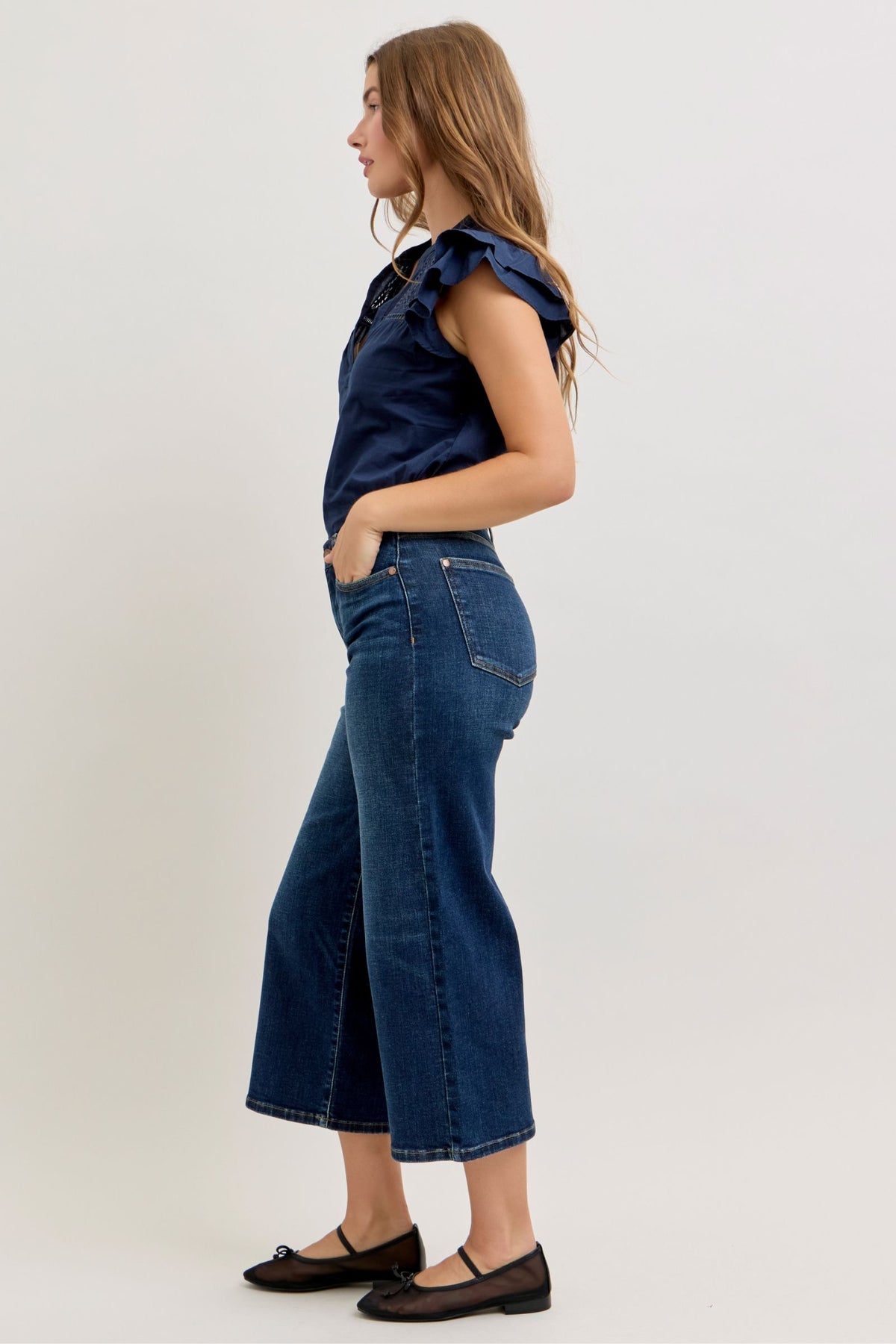 Judy Blue High Waist Dark Wash Ankle Wide Stretch Denim Jeans, 28" Inseam