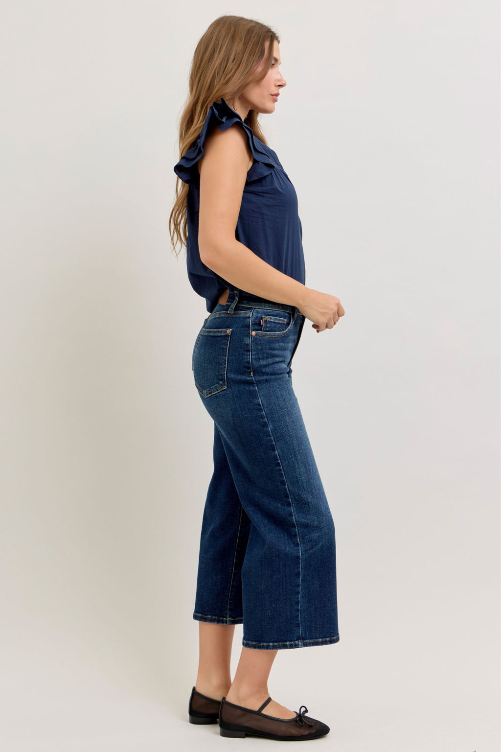 Judy Blue High Waist Dark Wash Ankle Wide Stretch Denim Jeans, 28" Inseam