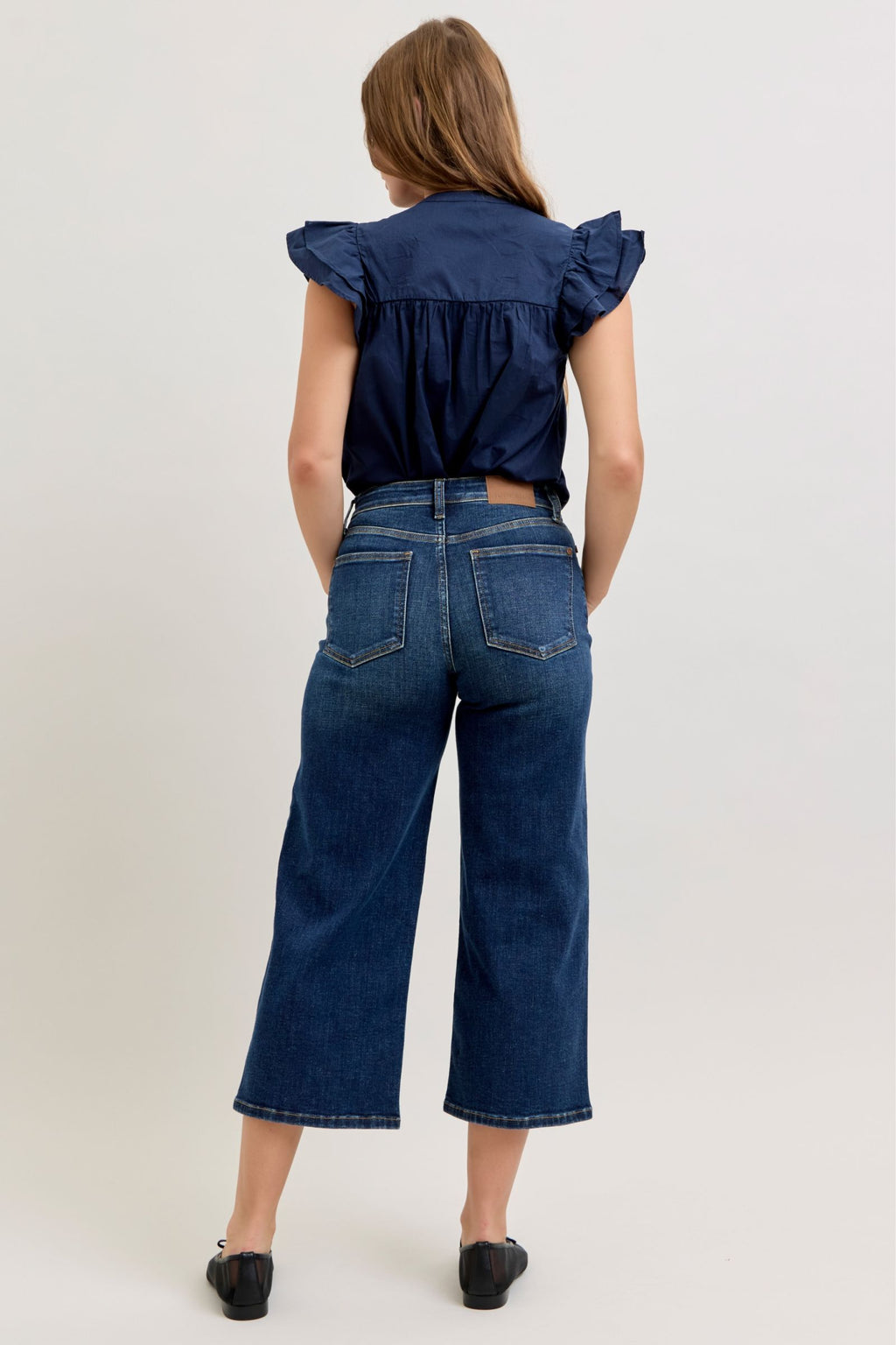 Judy Blue High Waist Dark Wash Ankle Wide Stretch Denim Jeans, 28" Inseam