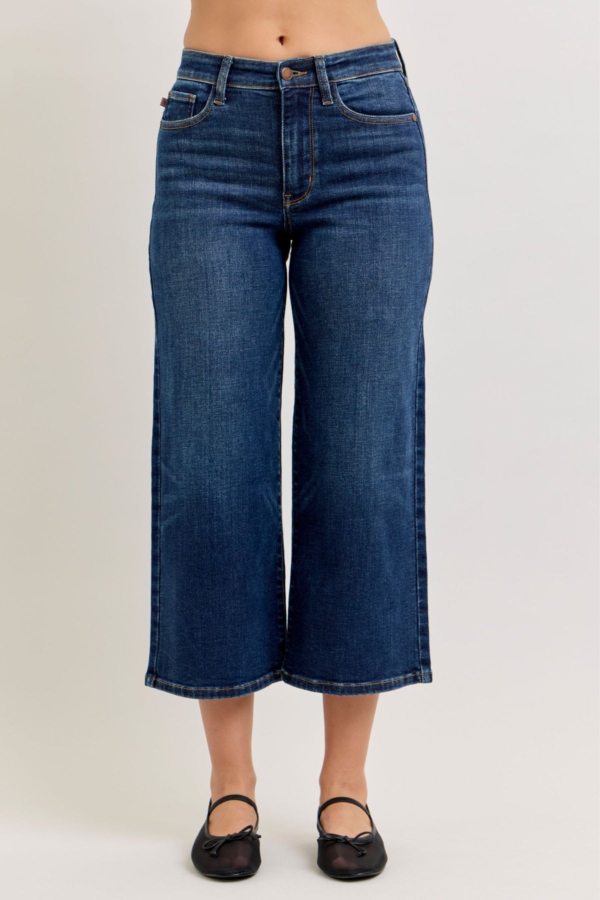 Judy Blue High Waist Dark Wash Ankle Wide Stretch Denim Jeans, 28" Inseam