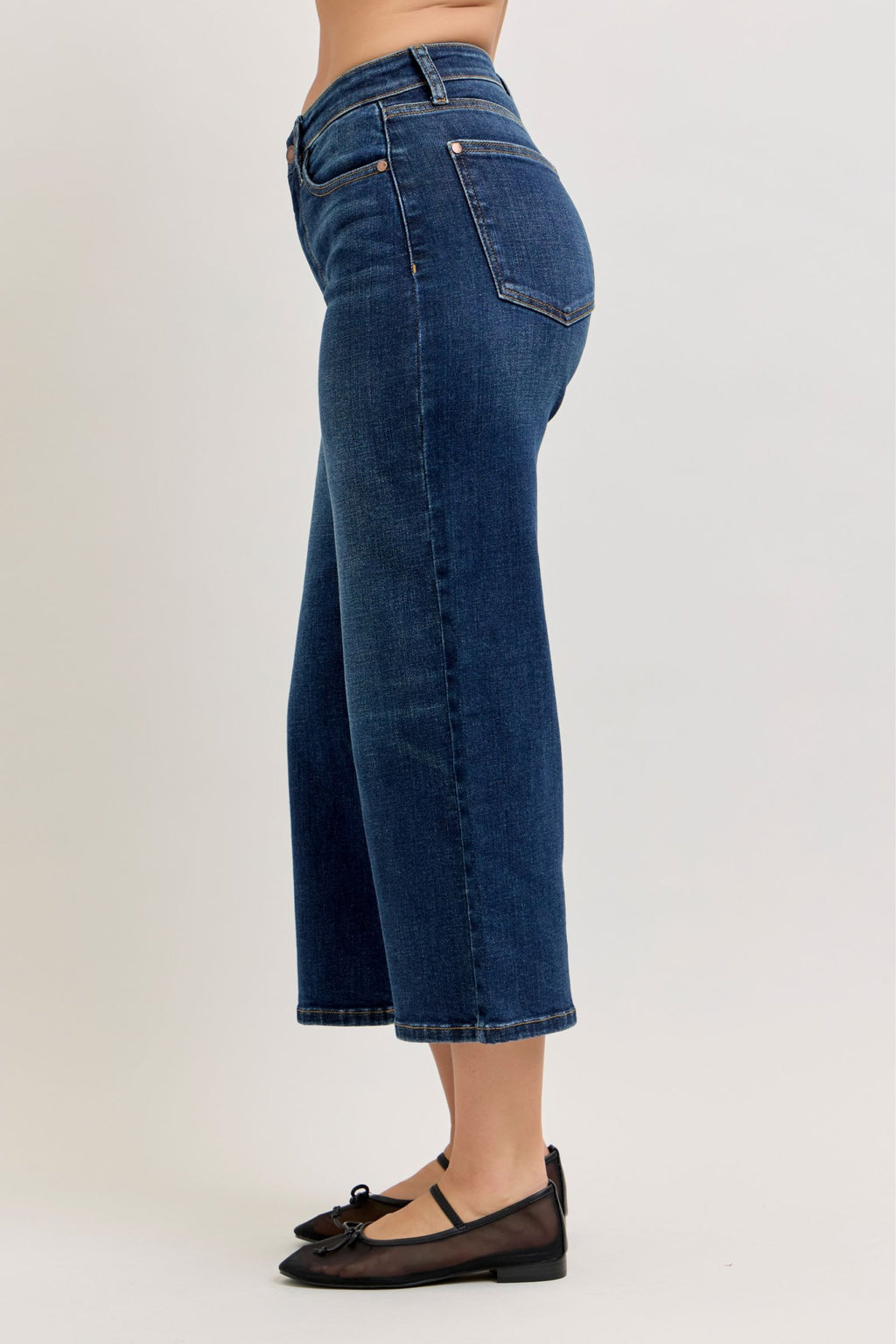 Judy Blue High Waist Dark Wash Ankle Wide Stretch Denim Jeans, 28" Inseam