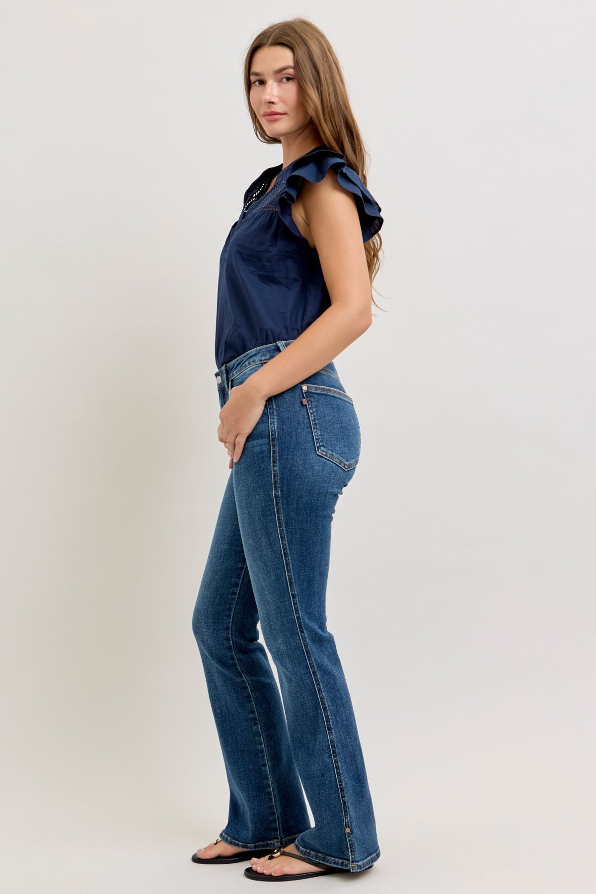 Judy Blue Mid Rise Bootcut Jeans with Side Slit and Cell Phone Pocket, Inseam 32"
