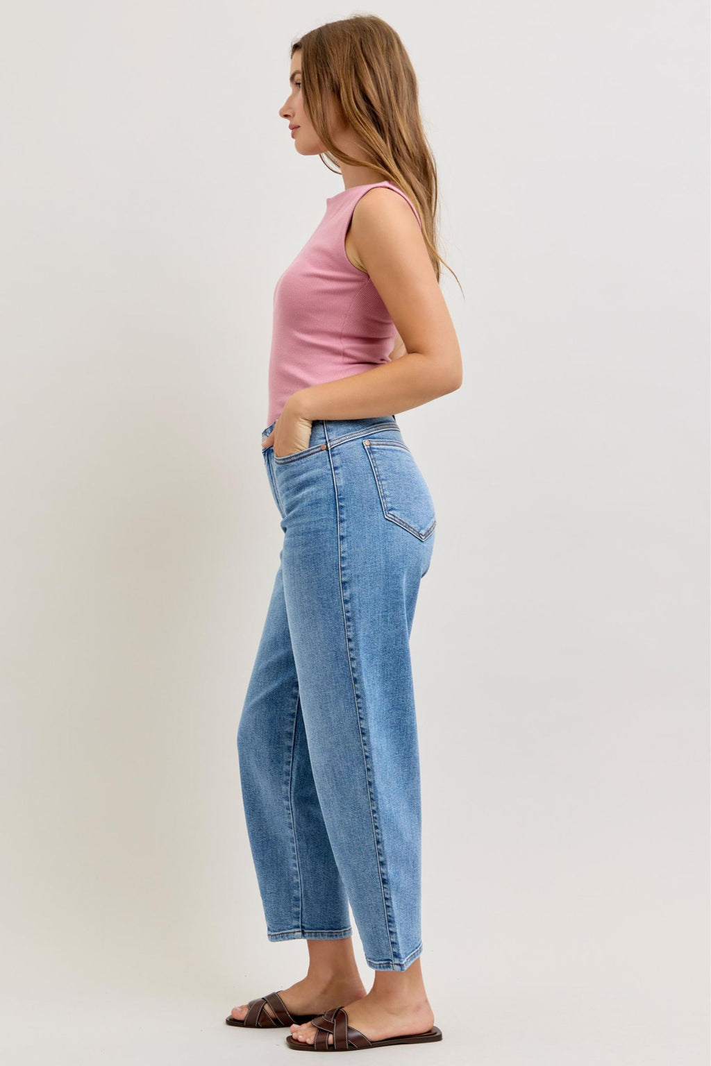 Judy Blue High Waist Barrel Leg Jeans with Front Darts & Back Yoke Detail