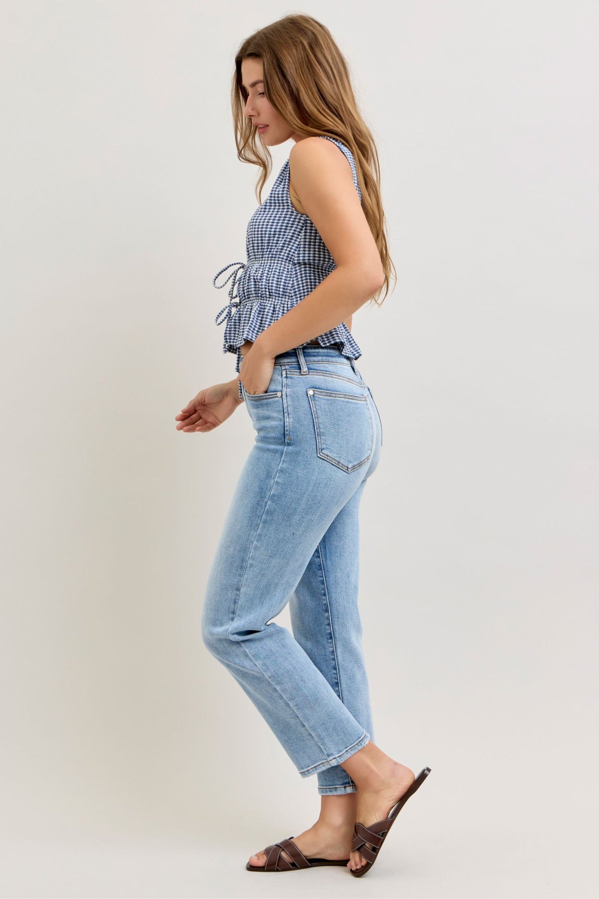 Judy Blue High Waist Classic Light Wash Ankle Straight Jeans, Inseam 28"