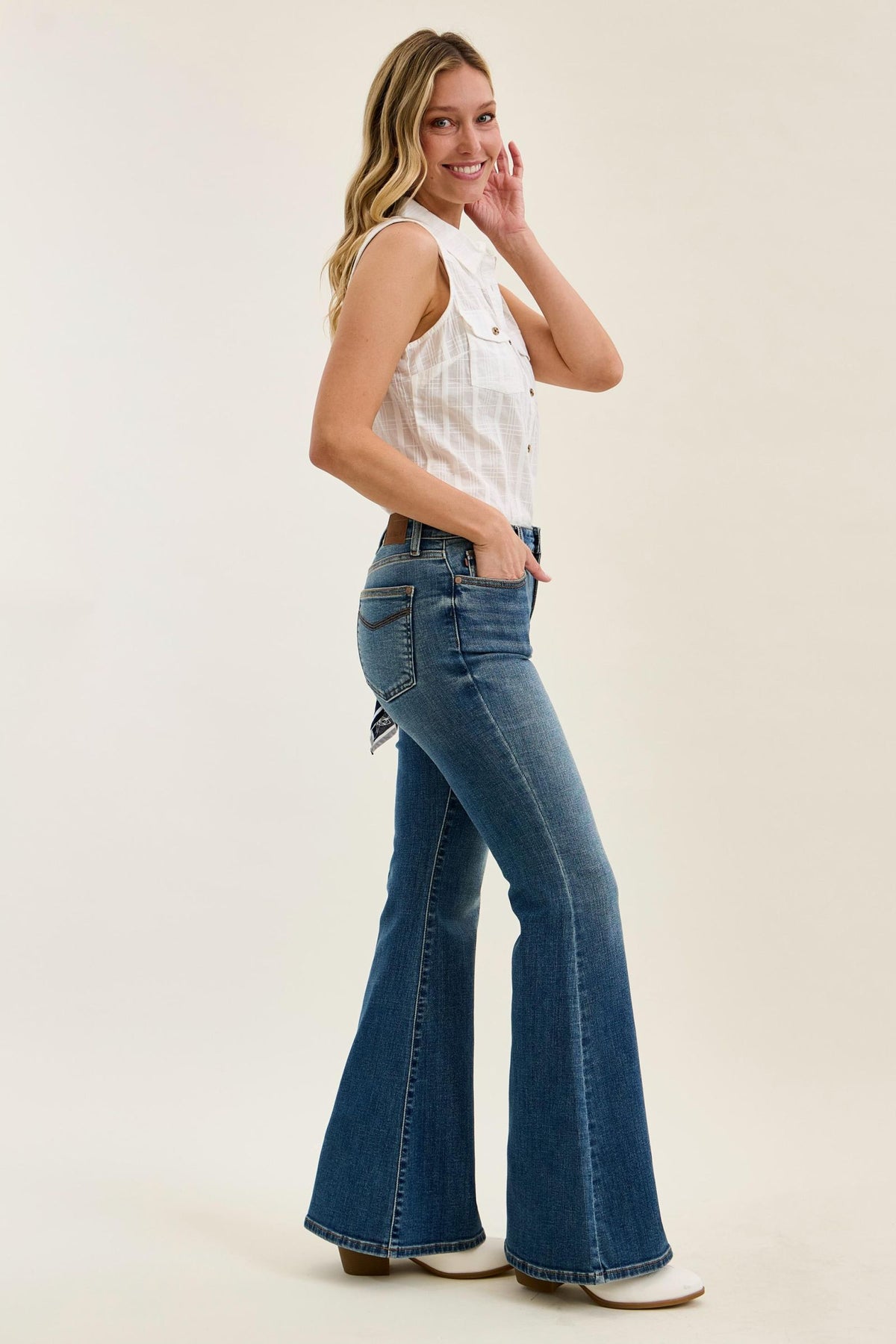 Judy Blue Mid Rise Flare Jeans for Women – Stretch Denim, Triple Needle Back Pockets, Bandana Loop Detail, 33" Inseam