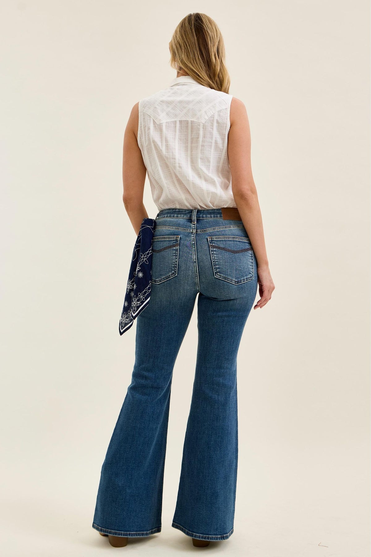 Judy Blue Mid Rise Flare Jeans for Women – Stretch Denim, Triple Needle Back Pockets, Bandana Loop Detail, 33" Inseam