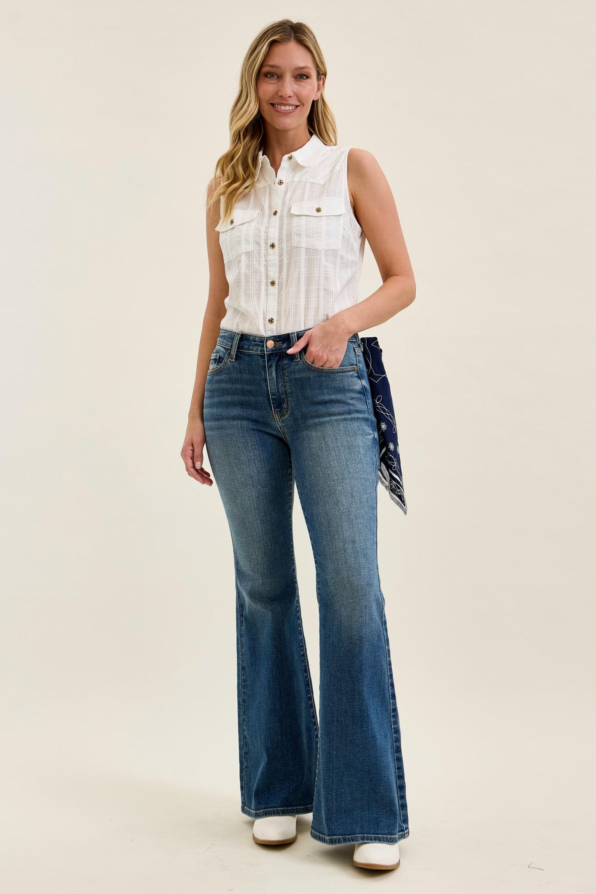 Judy Blue Mid Rise Flare Jeans for Women – Stretch Denim, Triple Needle Back Pockets, Bandana Loop Detail, 33" Inseam